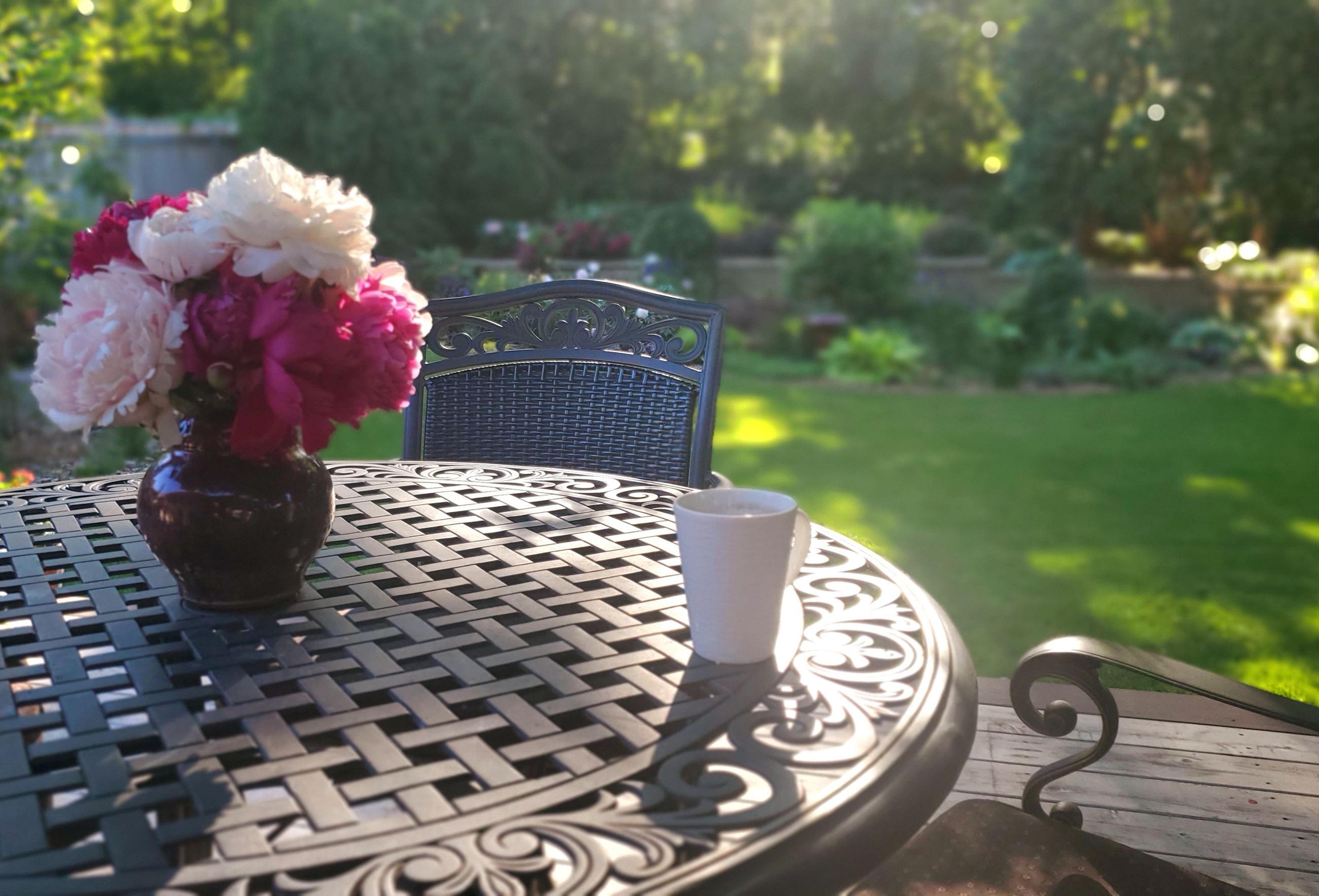 Peonies on patio table